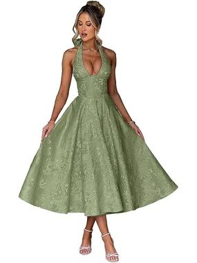 Halter Neck Tea-Length Lace Dress in Sage Green